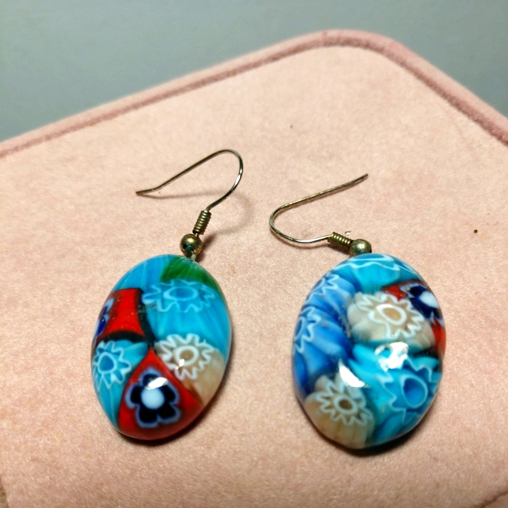 Vintage Unique Multi Color Oval Cabochon Earrings Silver French Wires